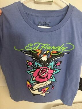 Ed Hardy Lavender Short-Sleeve Tee with Neon Rose & Eagle Graphic